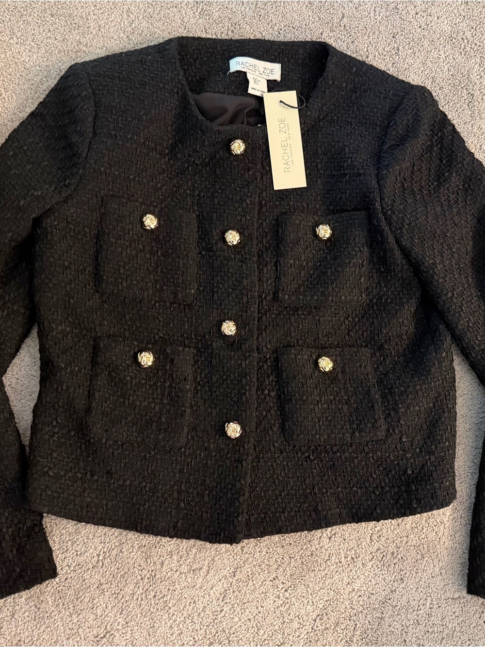 NWT Rachel Zoe Black Bouclé Cropped Ladies Jacket Gold Buttons Blazer Sz S
